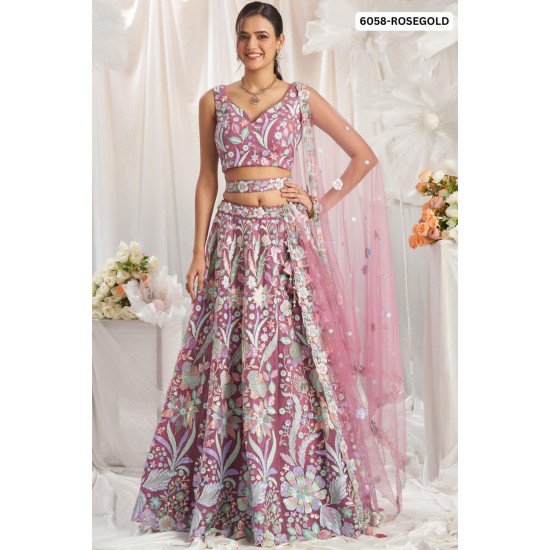 Rose Gold Multicolor Floral Embroidered Lehenga Set