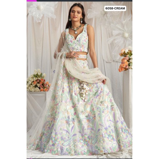 Designer Cream Multicolor Floral Embroidered Lehenga Set