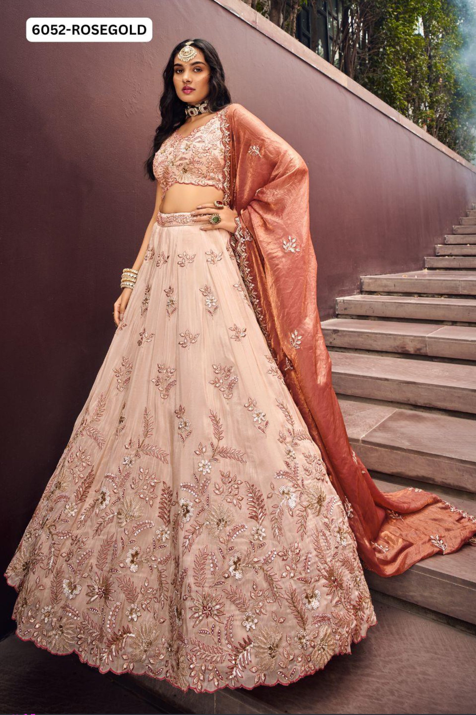 Blush Peach & Rose Gold Embroidered Lehenga Set