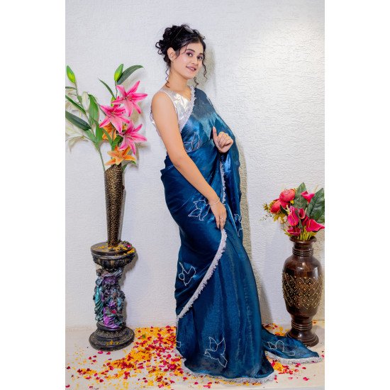 Midnight Blue Hand-Painted Organza Saree with Bird Motif Embroidery