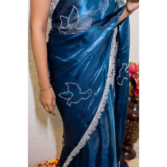 Midnight Blue Hand-Painted Organza Saree with Bird Motif Embroidery