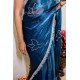 Midnight Blue Hand-Painted Organza Saree with Bird Motif Embroidery
