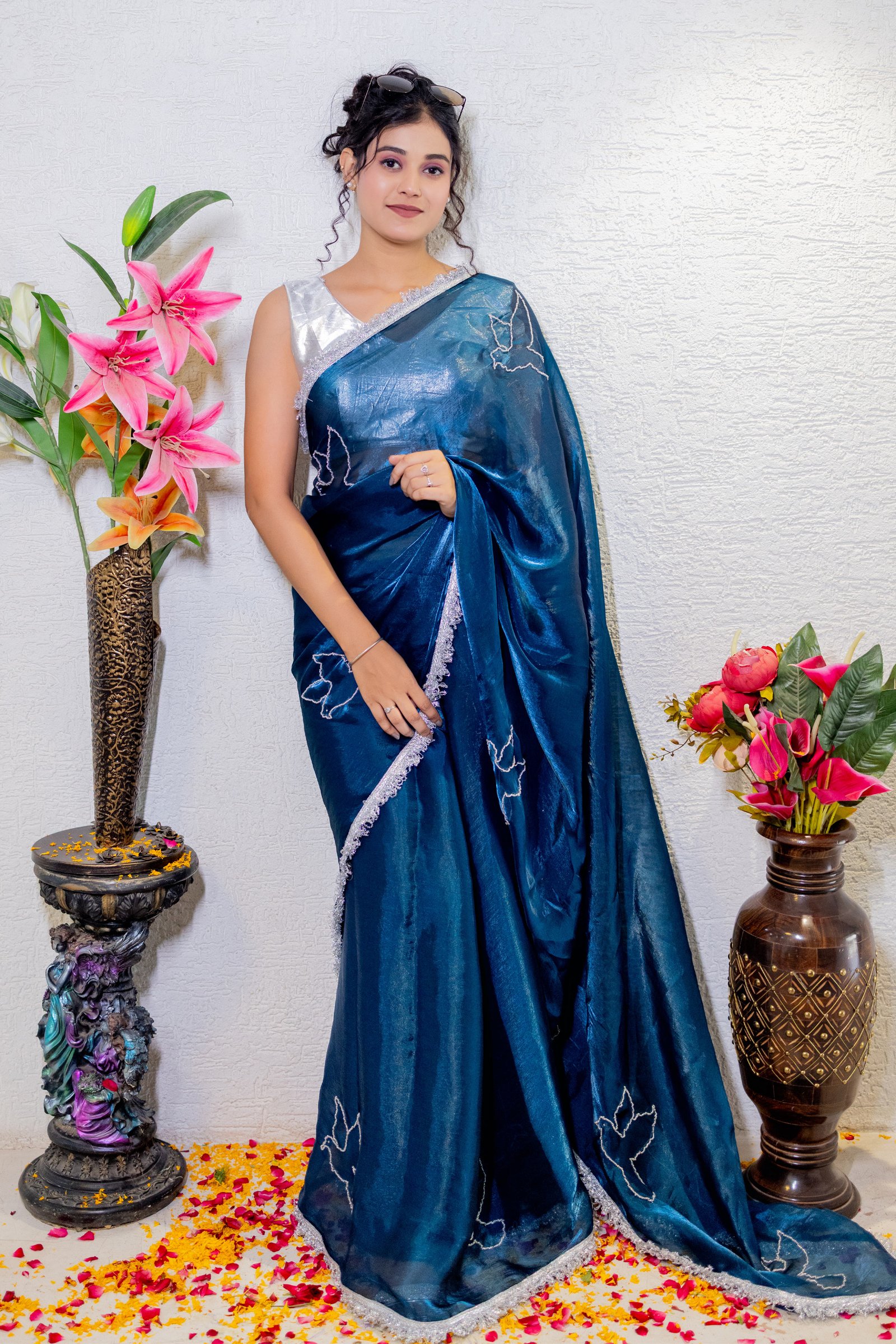 Midnight Blue Hand-Painted Organza Saree with Bird Motif Embroidery