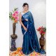 Midnight Blue Hand-Painted Organza Saree with Bird Motif Embroidery