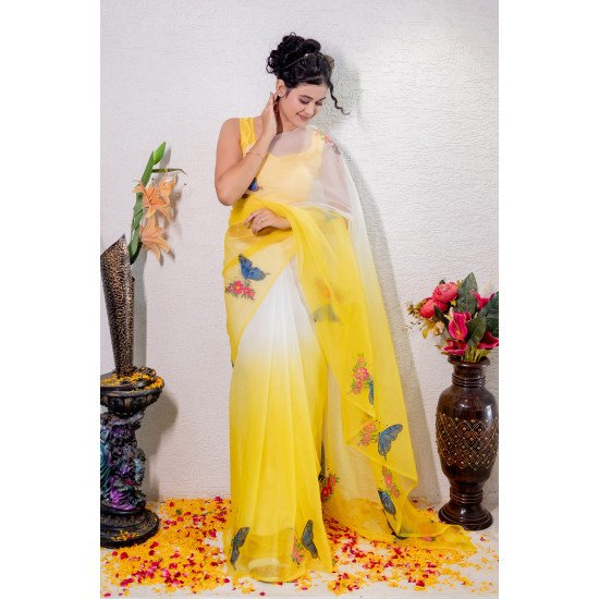 Designer Yellow Handpaint Saree 