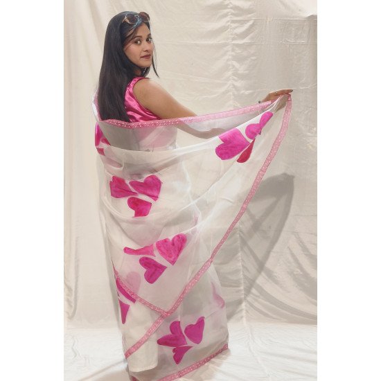 Heartfelt Hues Handpainted White Organza Saree with Pink Motifs