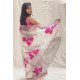 Heartfelt Hues Handpainted White Organza Saree with Pink Motifs