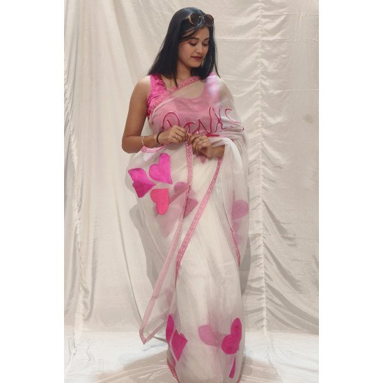 Heartfelt Hues Handpainted White Organza Saree with Pink Motifs