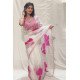 Heartfelt Hues Handpainted White Organza Saree with Pink Motifs