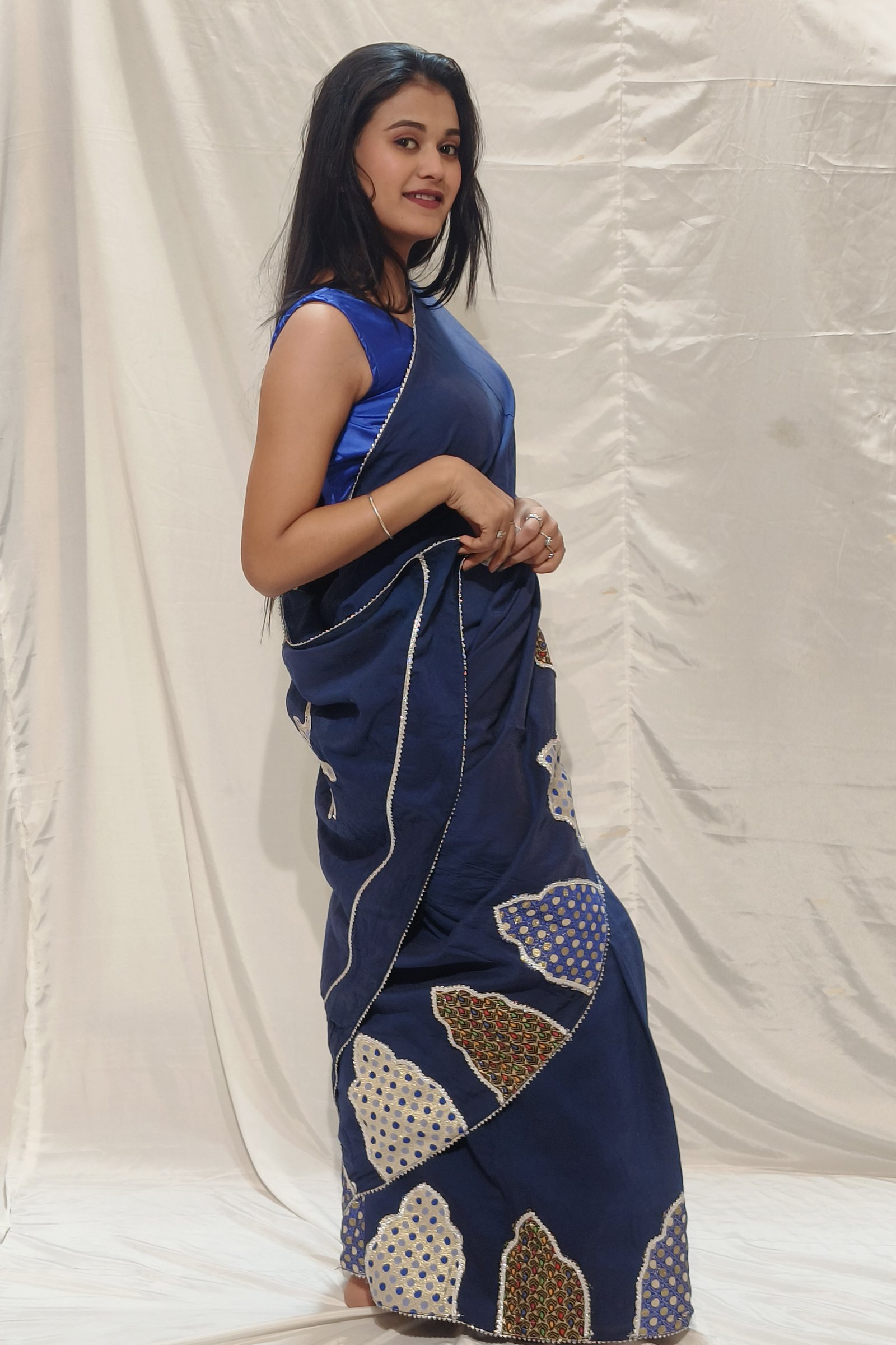 Royal Parade: Handpainted Navy Blue Saree with Elephant Motifs