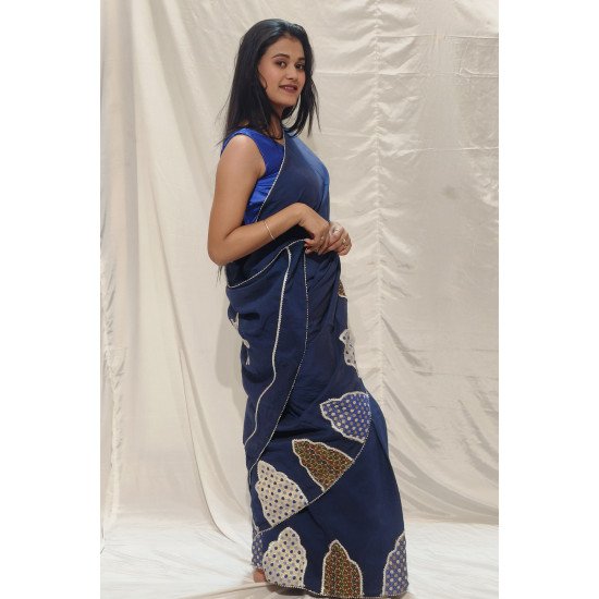 Royal Parade: Handpainted Navy Blue Saree with Elephant Motifs