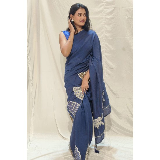 Royal Parade: Handpainted Navy Blue Saree with Elephant Motifs