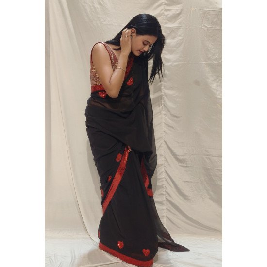 Midnight Love: Black Handpainted Saree with Red Heart & Sequin Embellishments