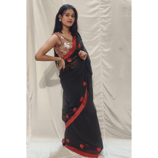 Midnight Love: Black Handpainted Saree with Red Heart & Sequin Embellishments