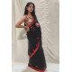 Midnight Love: Black Handpainted Saree with Red Heart & Sequin Embellishments