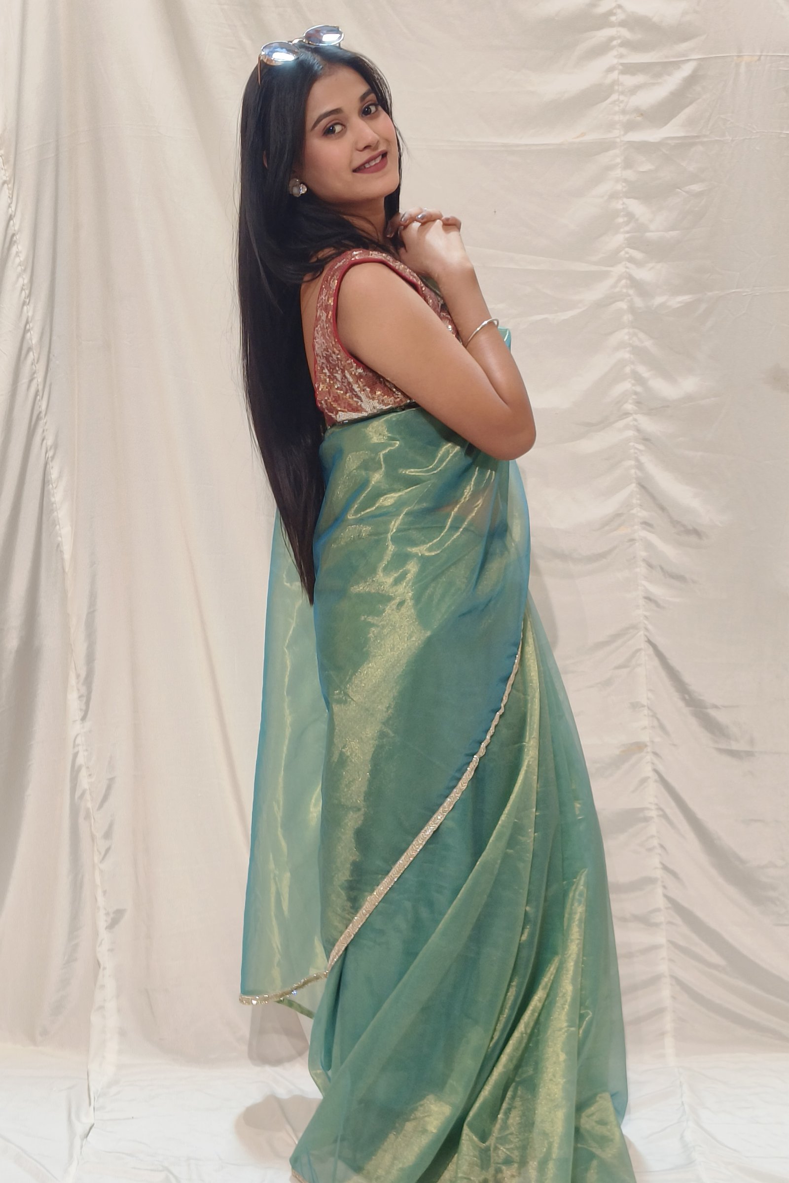 Mint Elegance: Designer Sheer Organza Saree with Shimmer Finish