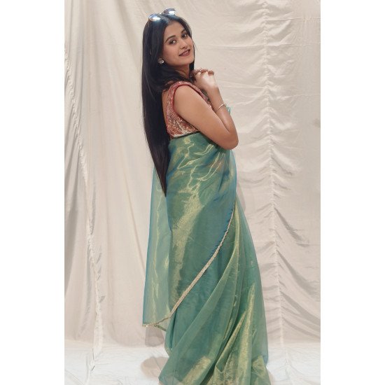 Mint Elegance: Designer Sheer Organza Saree with Shimmer Finish