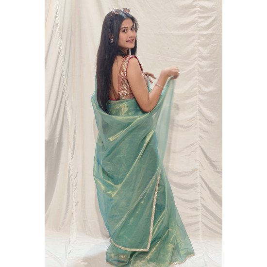 Mint Elegance: Designer Sheer Organza Saree with Shimmer Finish