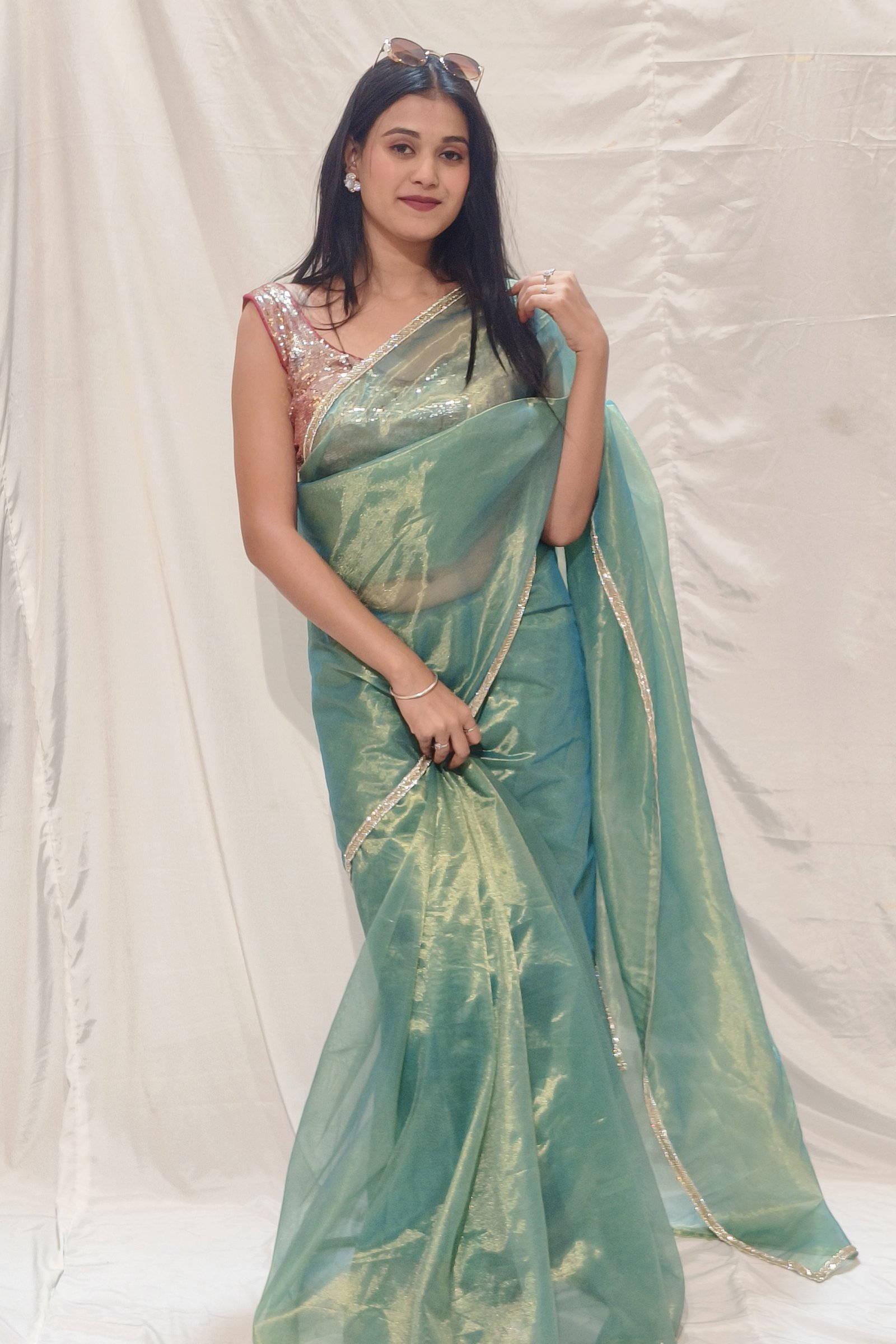 Mint Elegance: Designer Sheer Organza Saree with Shimmer Finish