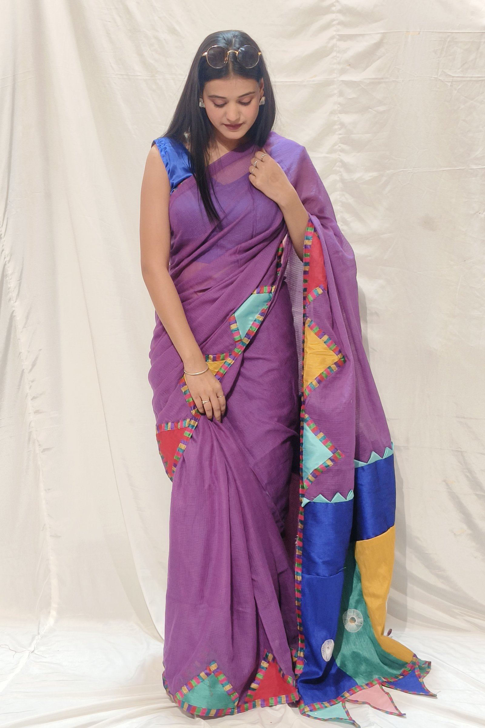 Festive Fusion: Purple Designer Saree with Multicolor Patchwork Pallu