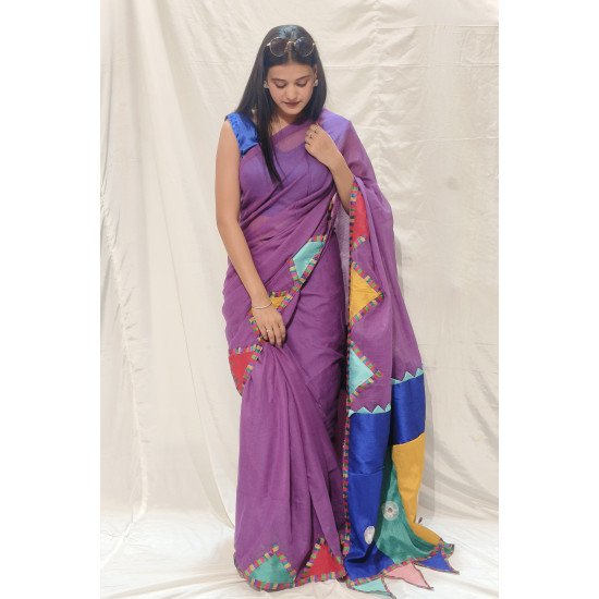 Festive Fusion: Purple Designer Saree with Multicolor Patchwork Pallu