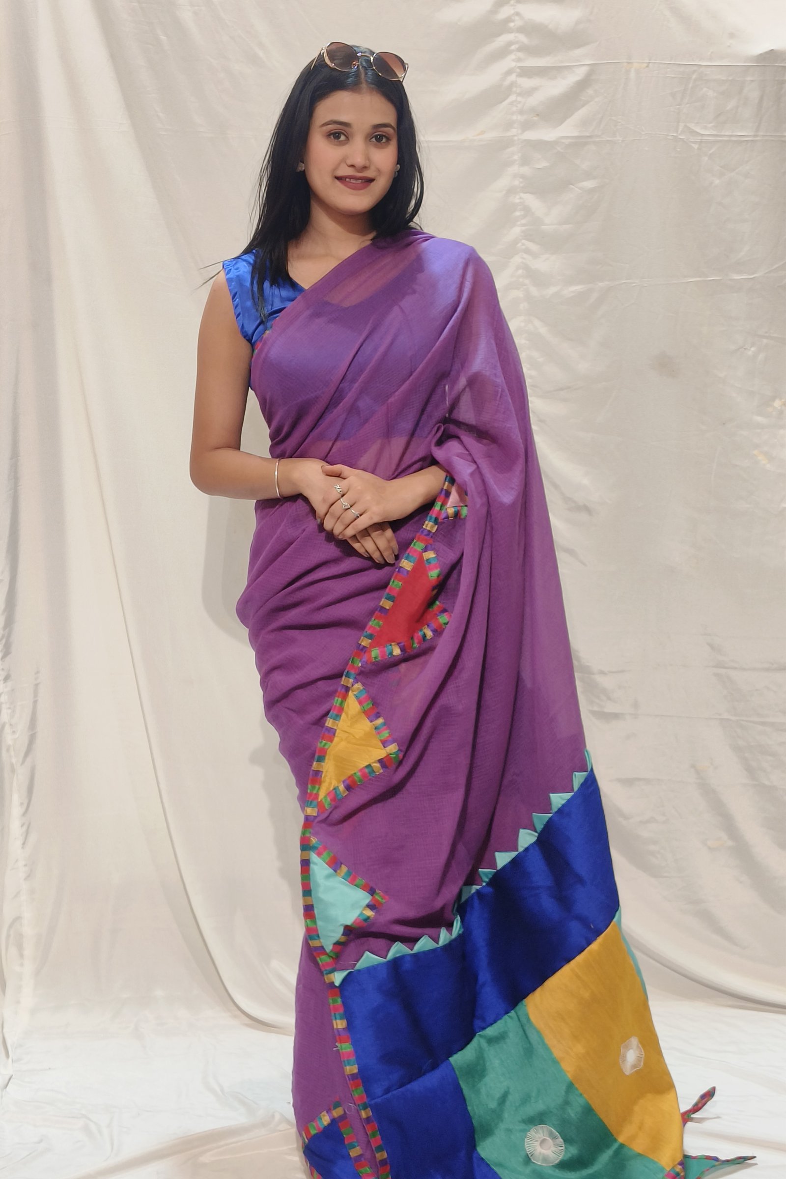 Festive Fusion: Purple Designer Saree with Multicolor Patchwork Pallu