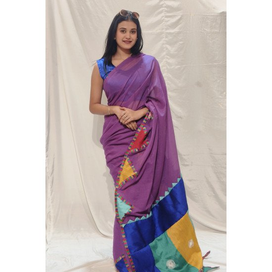 Festive Fusion: Purple Designer Saree with Multicolor Patchwork Pallu