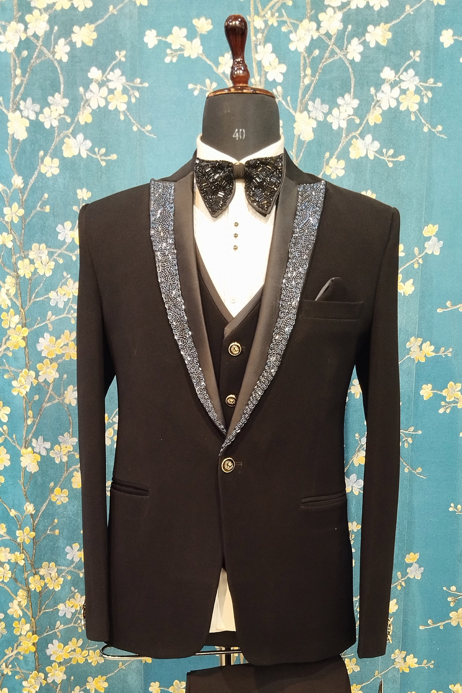 Designer Black Half Collar Handwork Suit For Groom