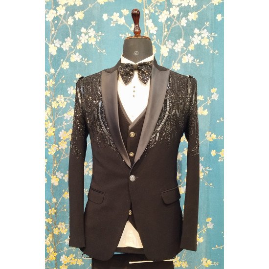 Designer Black Handwork Suit For Groom
