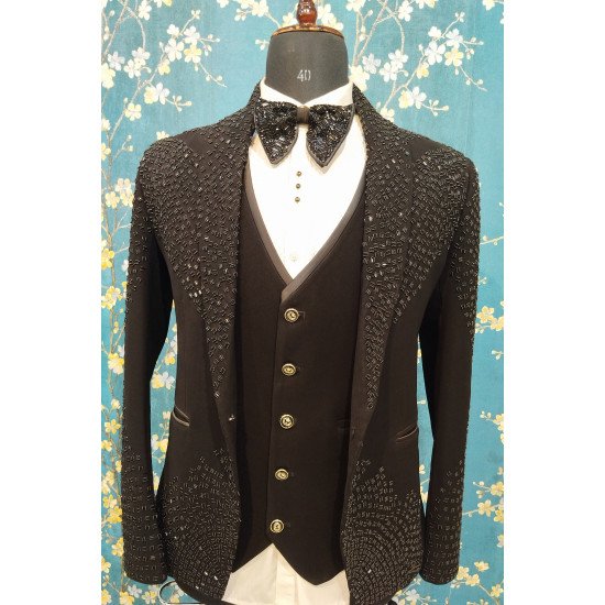 Designer Black Handwork Groom Suit For Wedding