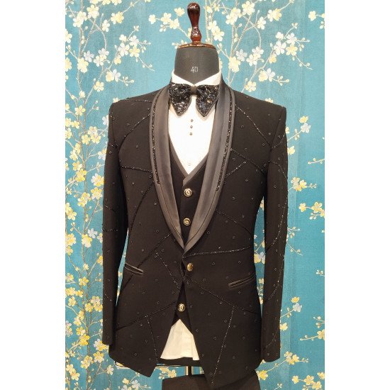 Designer Black Colored Handwork Suit For Men