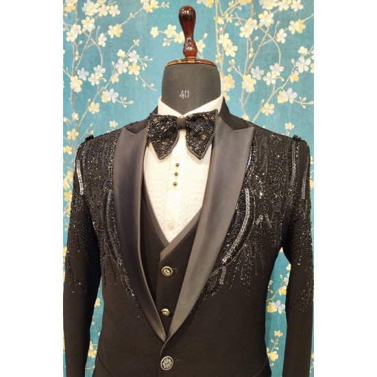 Designer Black Handwork Suit For Groom