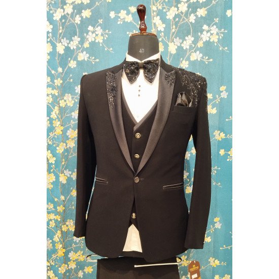 Designer Black Handwork Suit For Groom