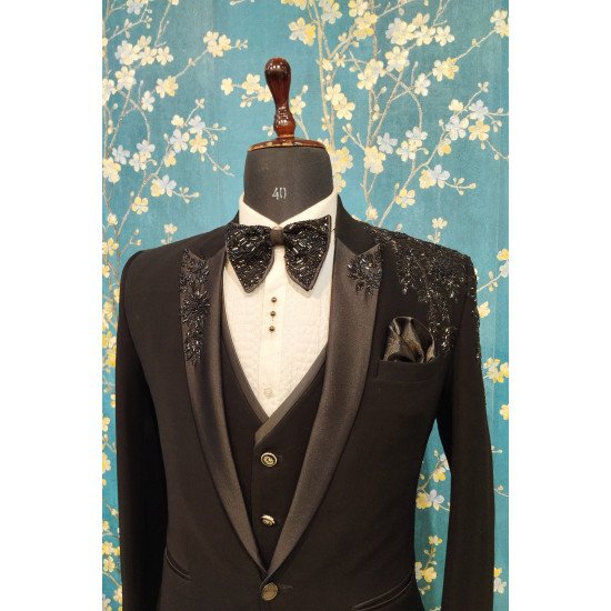 Designer Black Handwork Suit For Groom