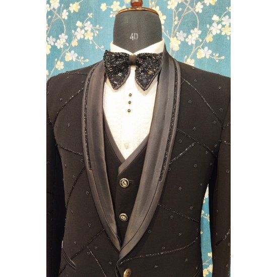 Designer Black Colored Handwork Suit For Men