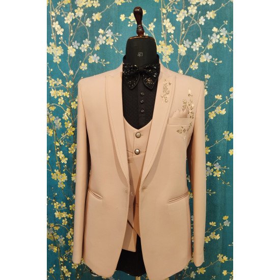Designer Light Pink Handwork Suit For Groom