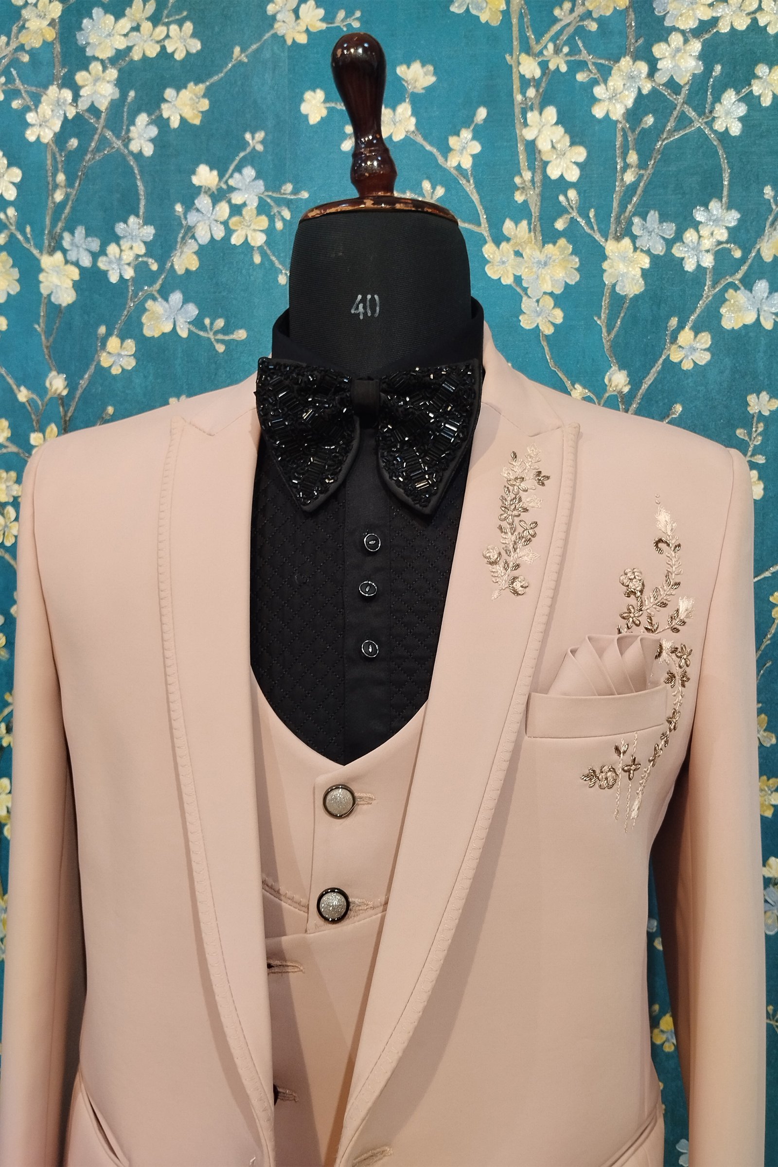 Designer Light Pink Handwork Suit For Groom