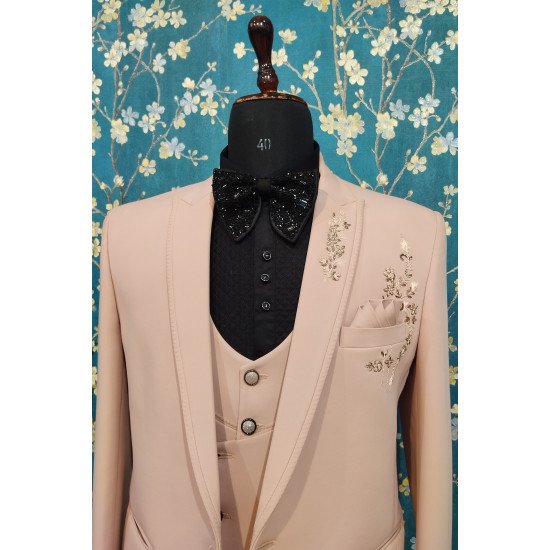 Designer Light Pink Handwork Suit For Groom